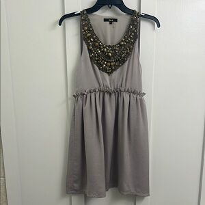 Chic Taupe Dress with Embellished Neckline